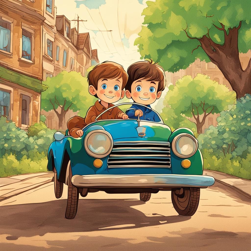 Boys in Vintage Car, Pixar Style Illustration