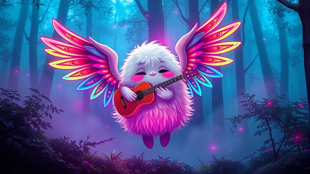 Happy Fluff Ball Plays Music in Neon Forest