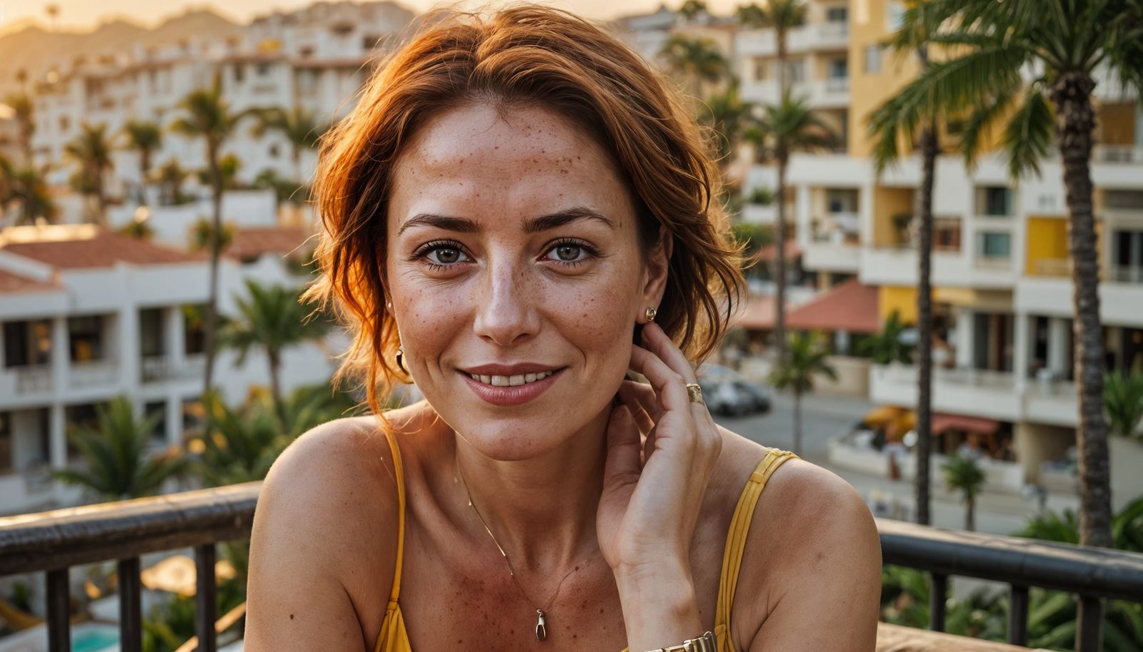 Portrait of Woman on Tropical Balcony in Golden Hour