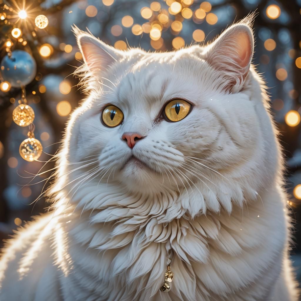 White Cat Stares at Metallic Landscape, Digital Art