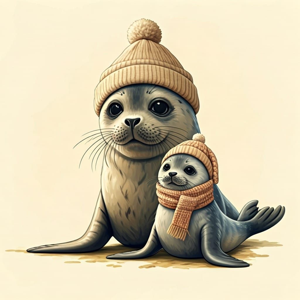 Whimsical Seal Pup and Mother in Watercolor Style