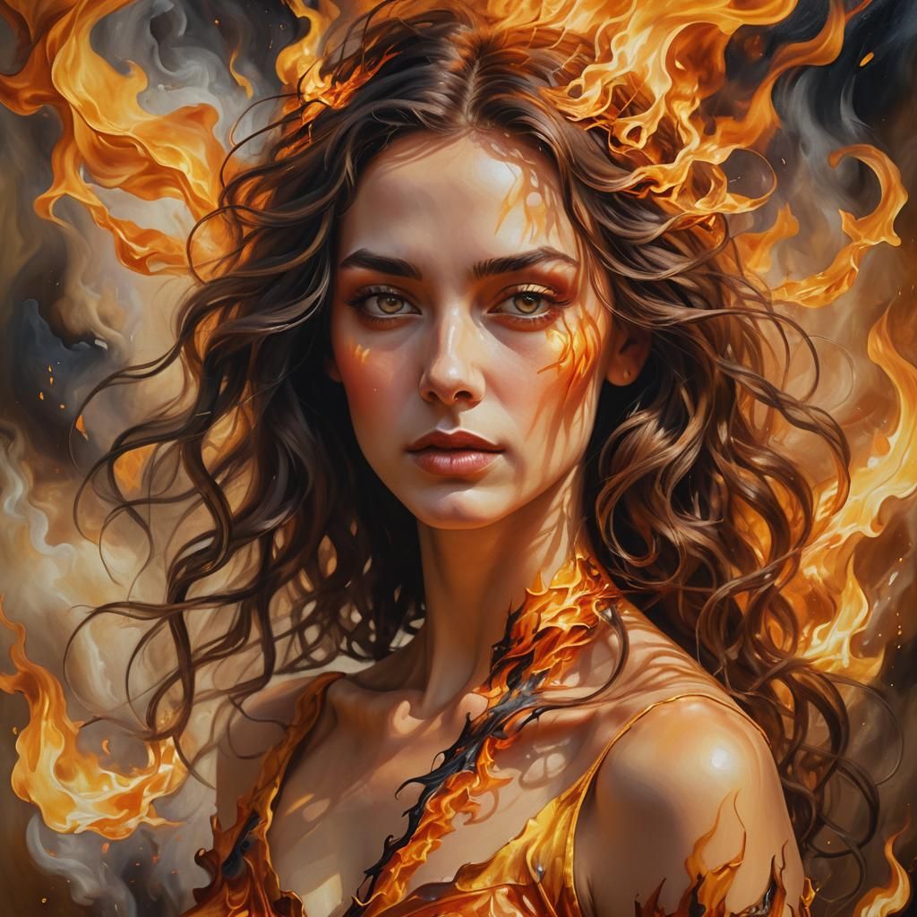 Serene Woman in Flames: Surreal Oil Painting