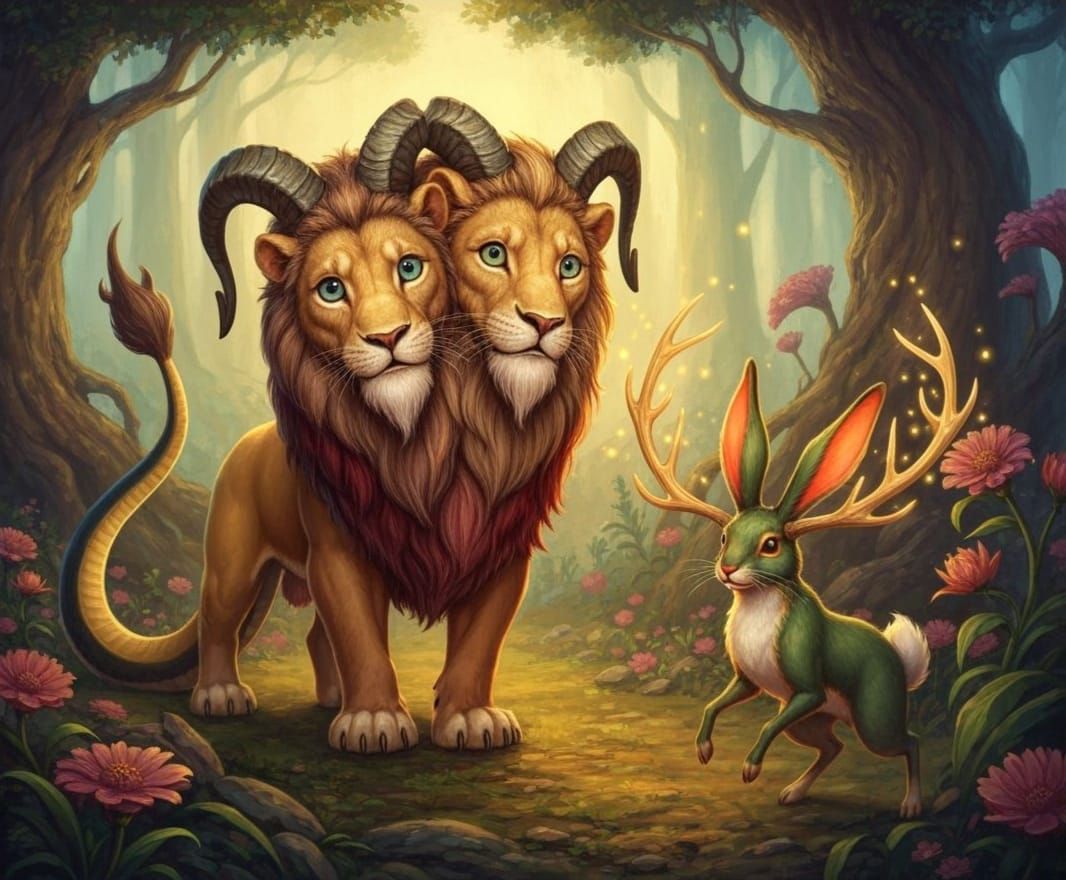 Fantasy Chimera and Jackalope Play Together