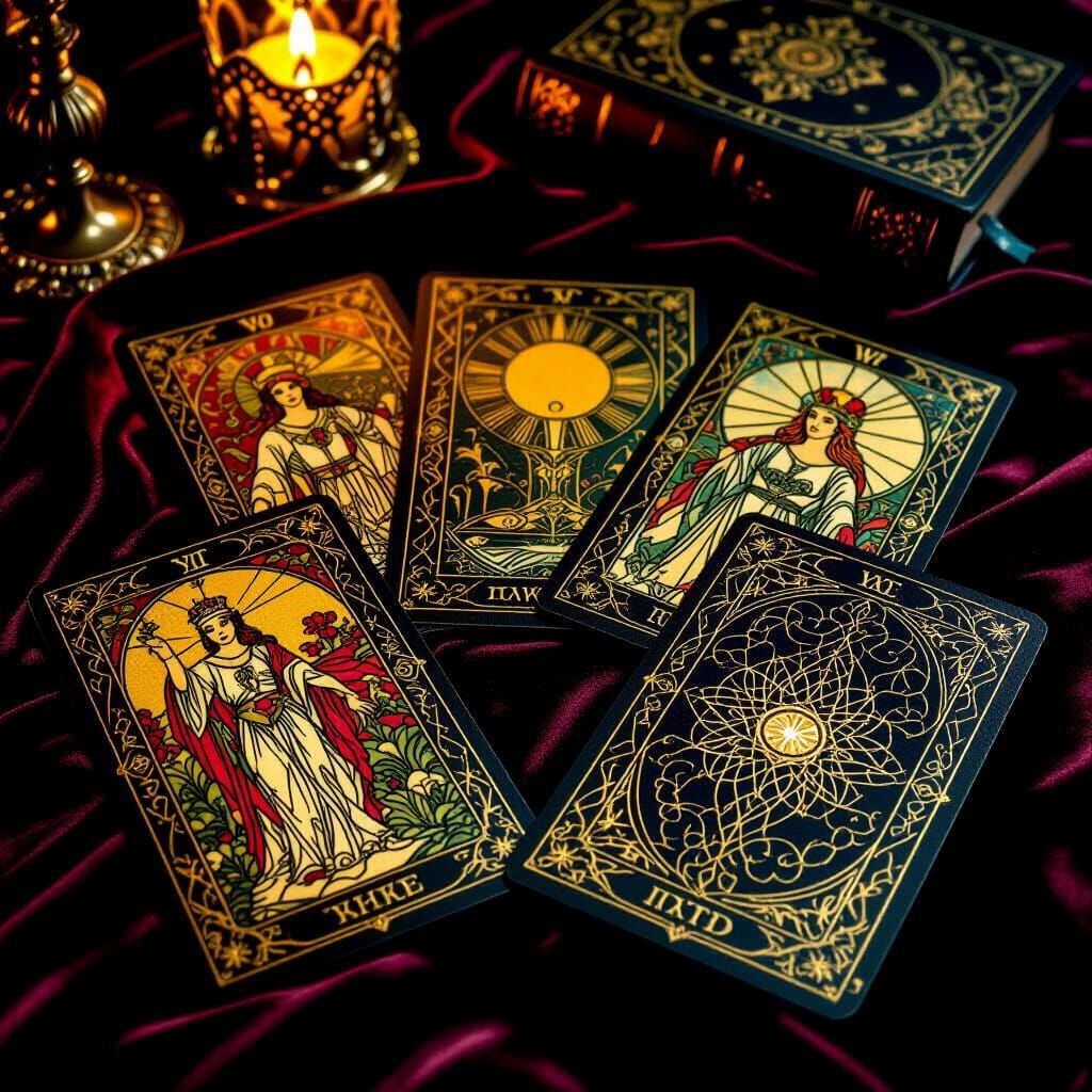 Intricate Tarot Cards on Velvet with Mystical Imagery