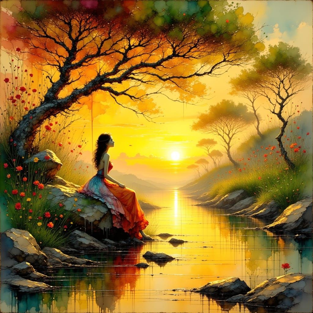 Impressionist Woman by River at Sunset