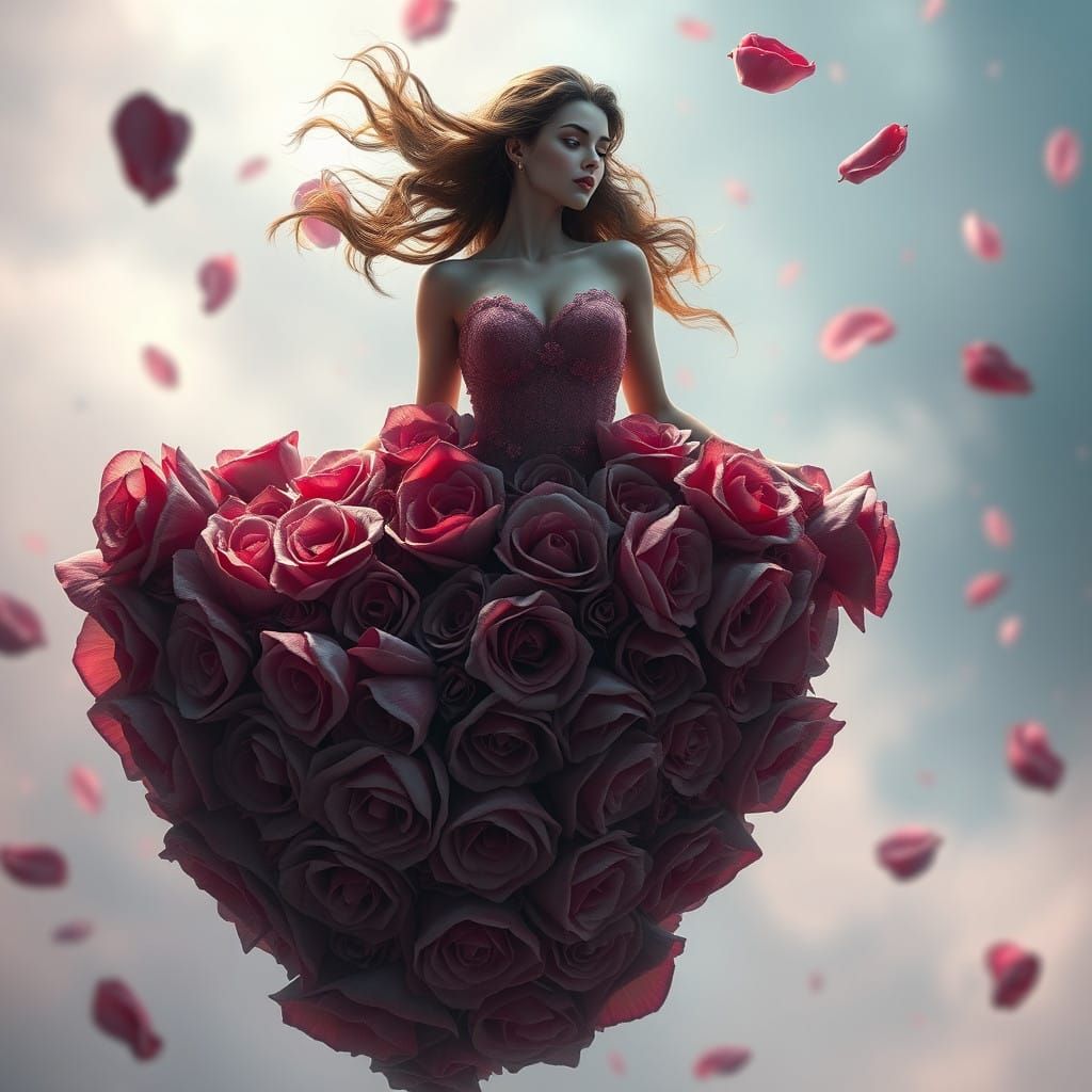 Romantic Rose Gown Floats in Whimsical Atmosphere