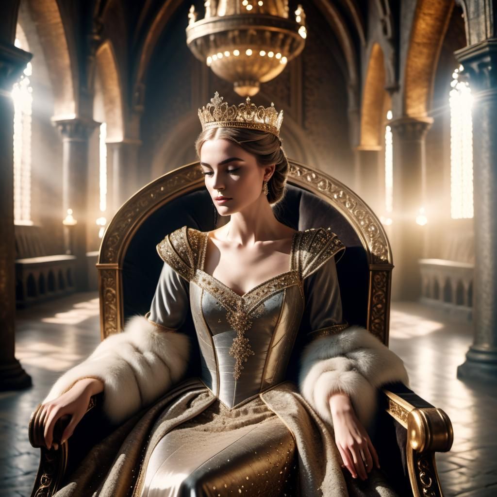 Regal Young Queen in Golden Lighting, Cinematic Style