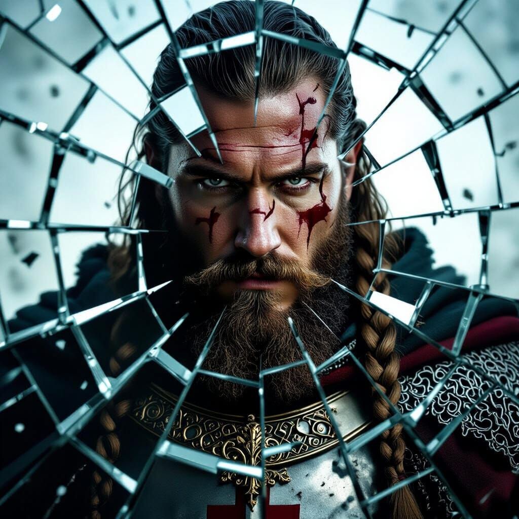 Knight Templar Portrait in Shattered Mirror, Digital Glitch ...