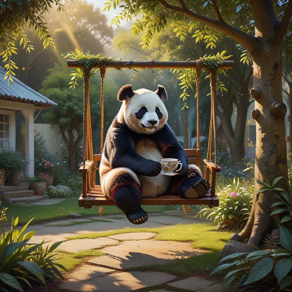Panda Enjoying Tea in Sunlit Yard as Oil Painting