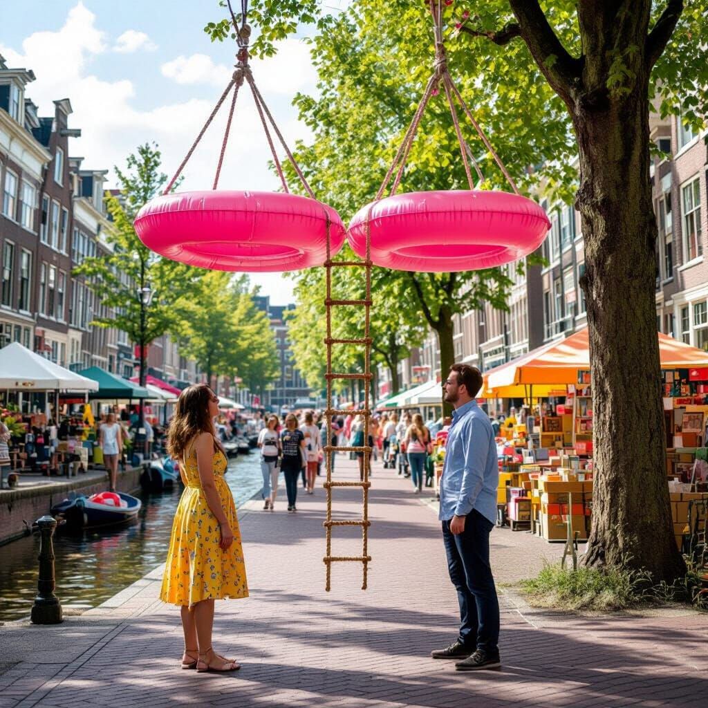 Couple Gazes at Floating Airbeds in Sunny Park