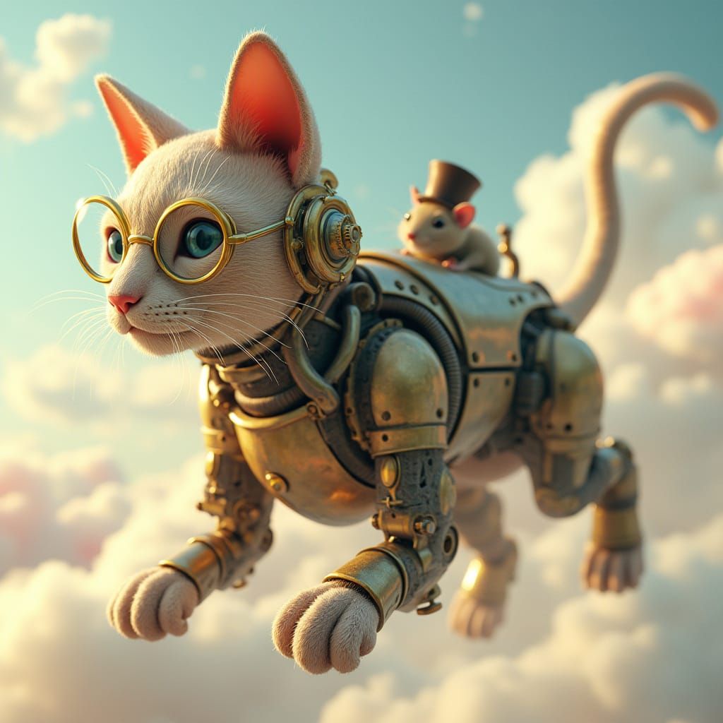 Mechanical Cat Soaring Through Cotton Candy Sky