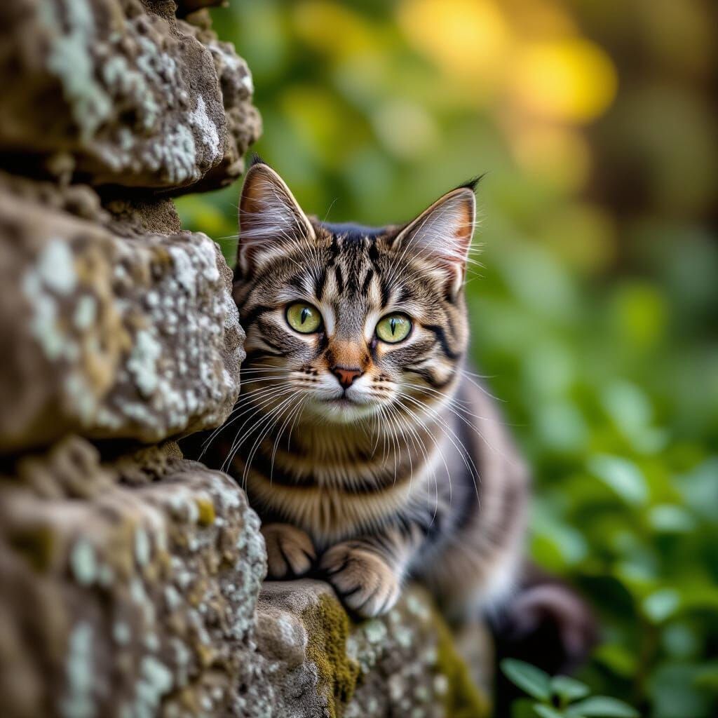 Curious Tabby Cat in a Forgotten Garden
