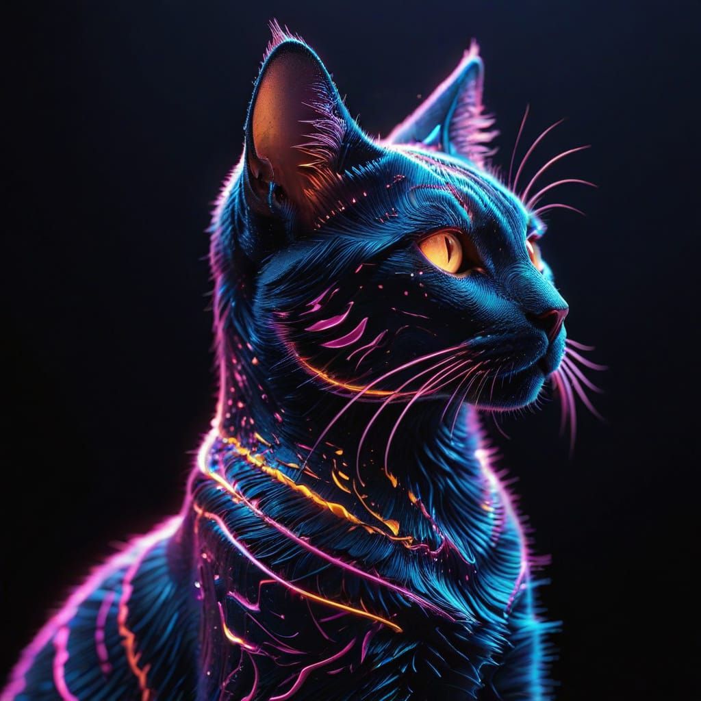 Golden Thread Cat Silhouette in Neon Synthwave Style