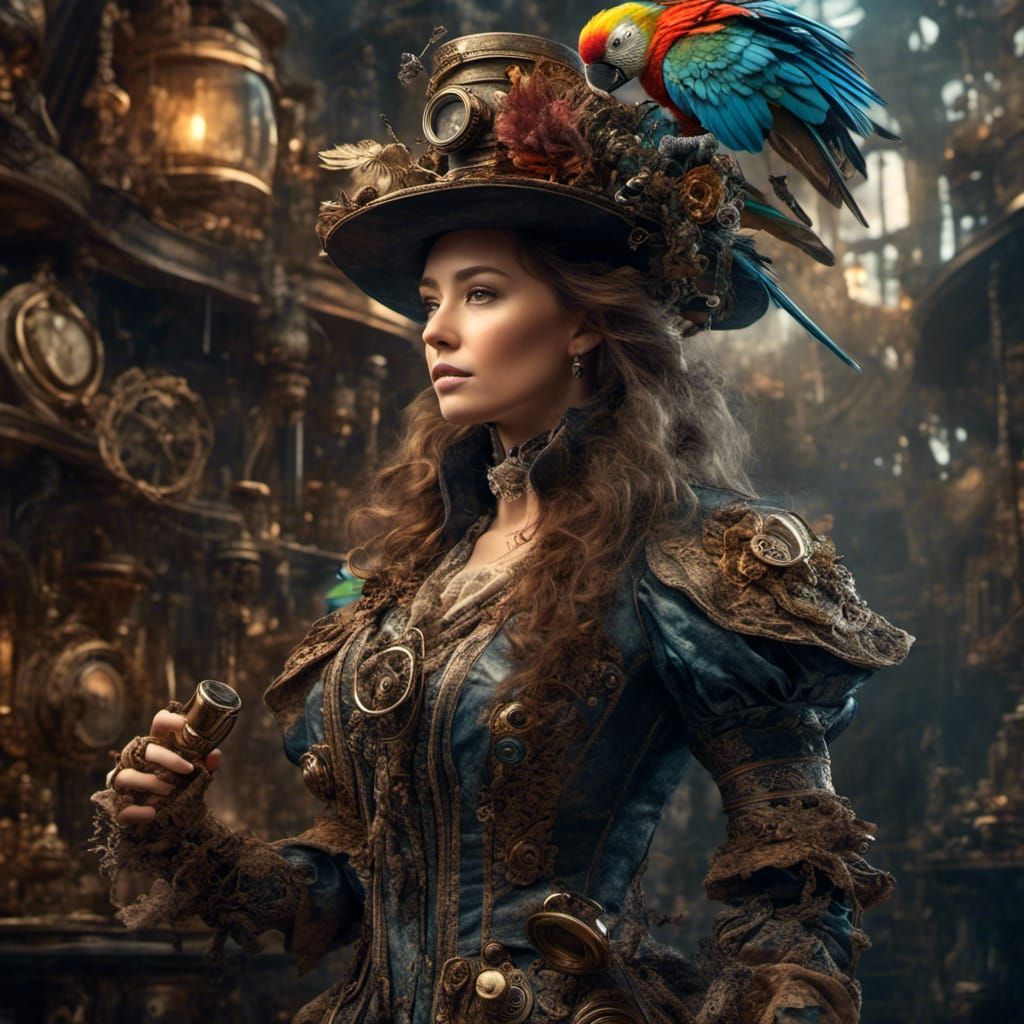 Steampunk Pirate with Mechanical Parrot