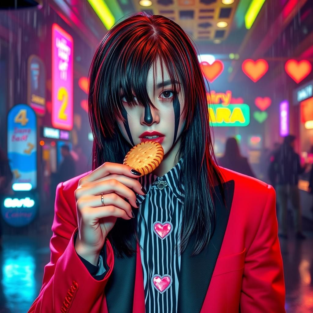 Emo Man Eating Heart Biscuits in Neon Nightclub