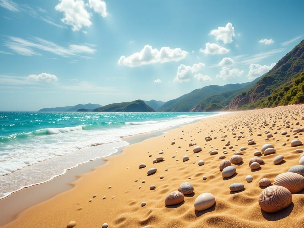 Golden Beach Scene with Blue Ocean and Scattered Shells
