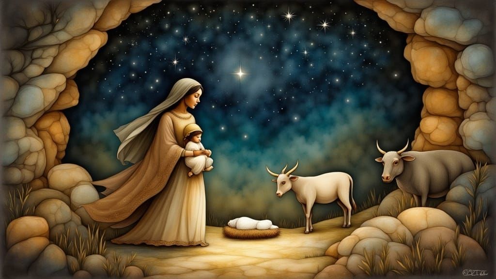 Serene Nativity Scene in a Stone Grotto