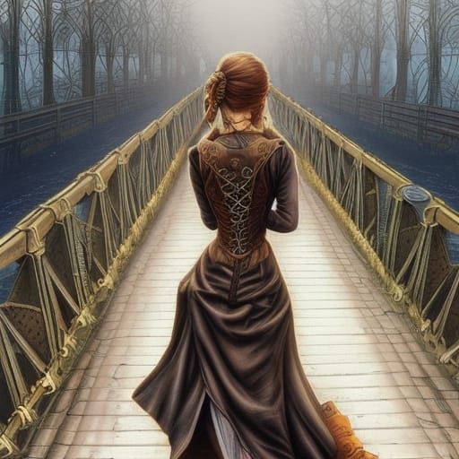 Steampunk Woman with Prosthetic Leg on Bridge
