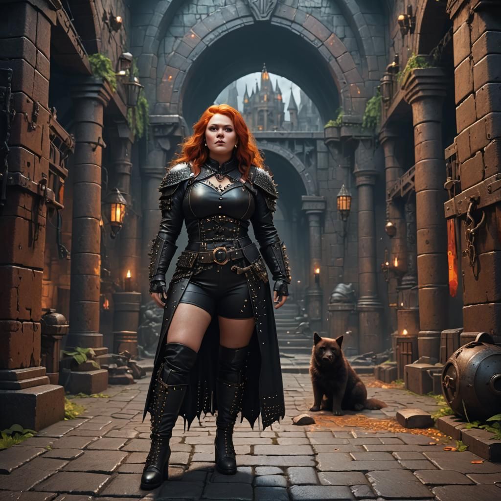 Redhead in Leather Outfit, Detailed Matte Painting