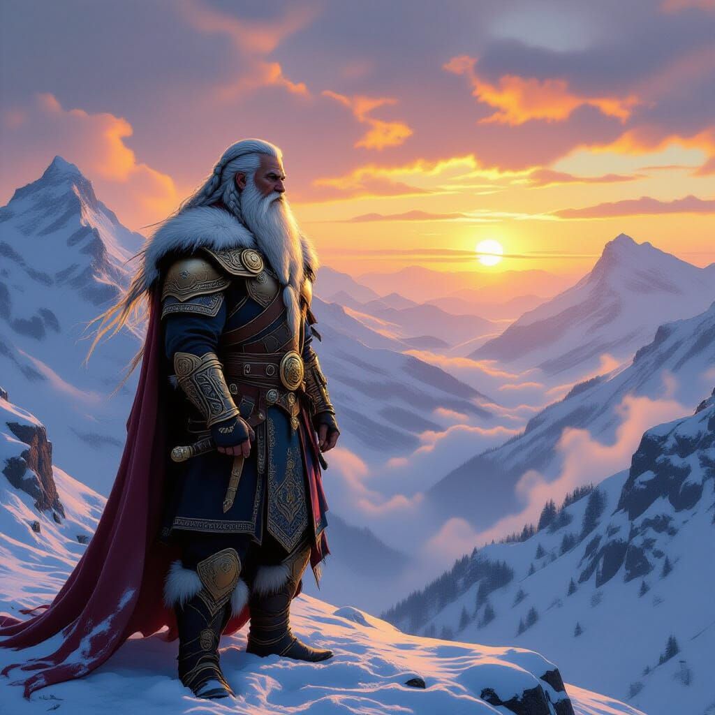 Viking Elder on Mountain Peak at Dawn