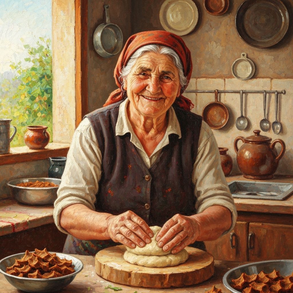 Elderly Woman Crafting Turkish Delicacy in Rustic Kitchen