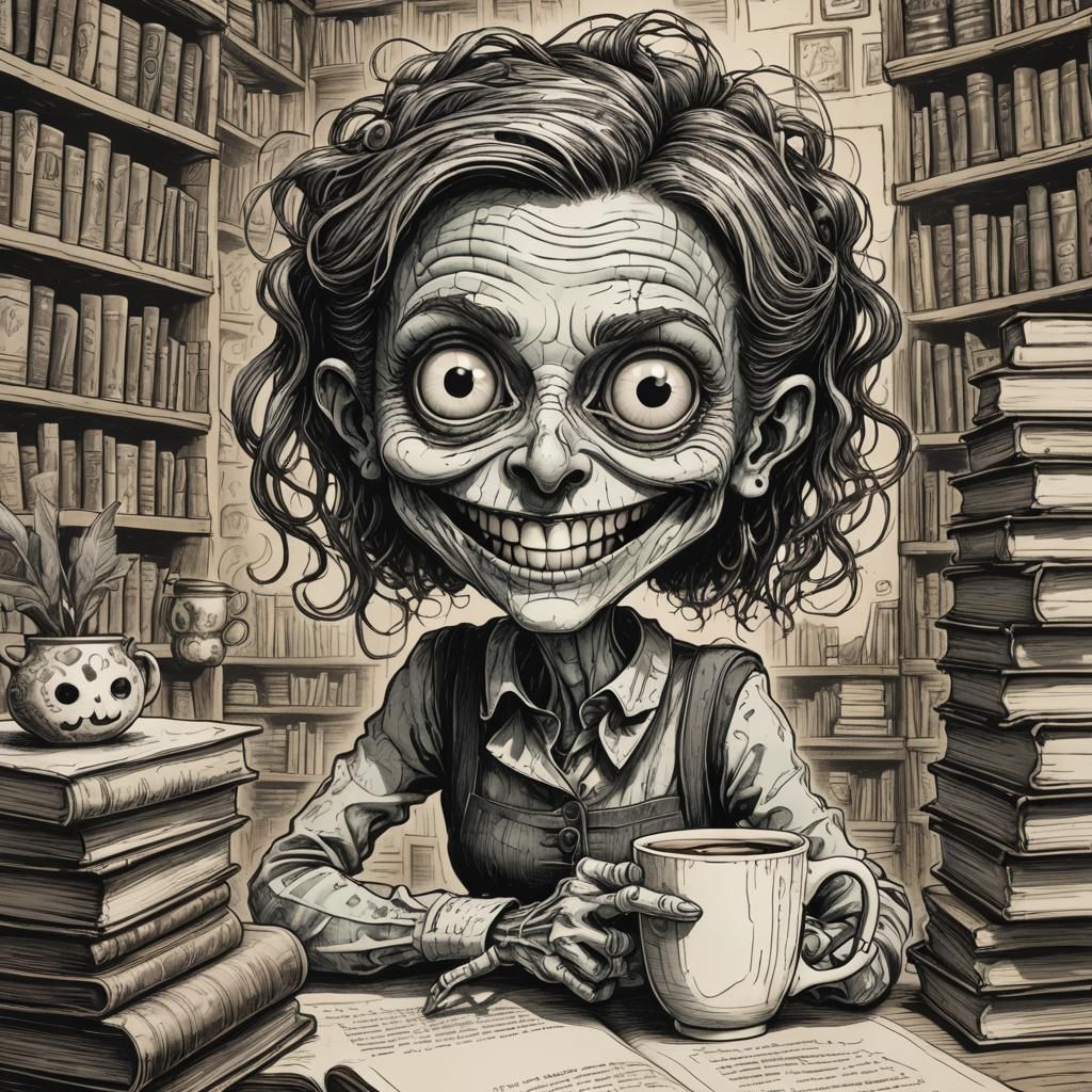 Silly Caricature: Girl with Coffee in Art Brut Style