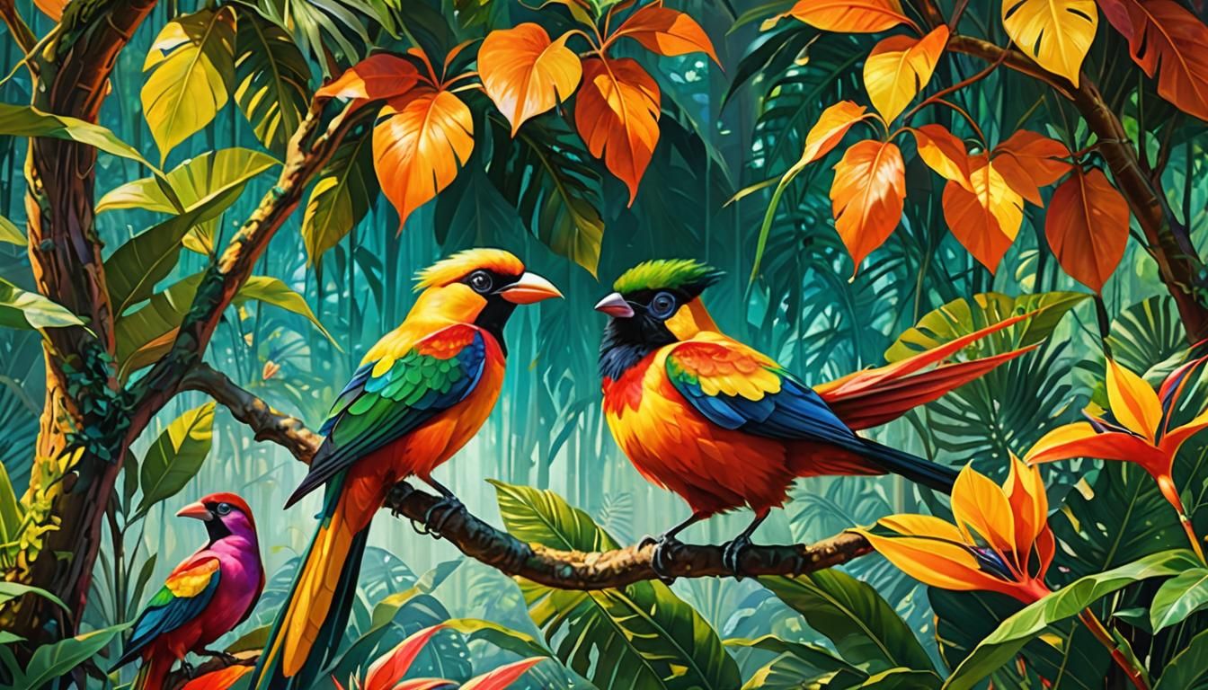 Birds of Paradise in Tropical Forest, Fantasy Art