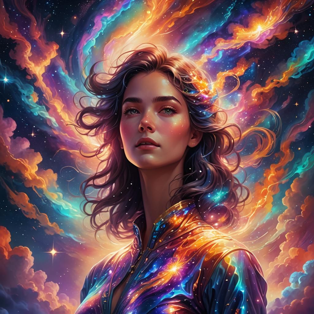 Dreamy Woman in Cosmic Nebula: Digital Astral Art