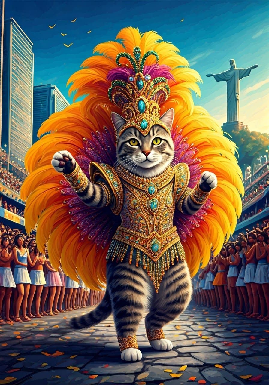 A cat wearing an elaborate Mardi Gras costume at the Rio Carnival