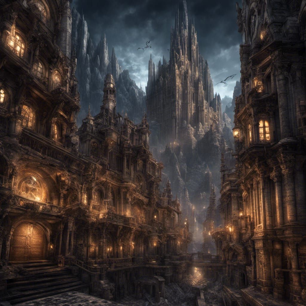 Steampunk Cityscape with Gothic Architecture at Night