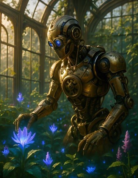 Steampunk Automaton Tending Bioluminescent Flora