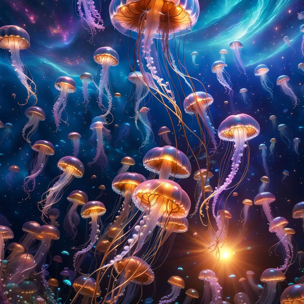 Translucent Jellyfish Swarm Floating in Outer Space
