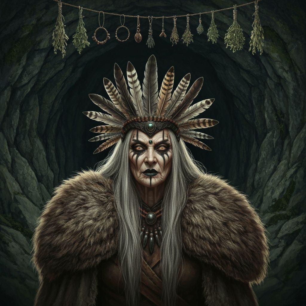 Mystical Elder Woman at Dark Cave Entrance