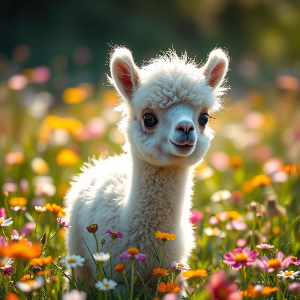 Cute Baby Alpaca in Vibrant Wildflower Meadow
