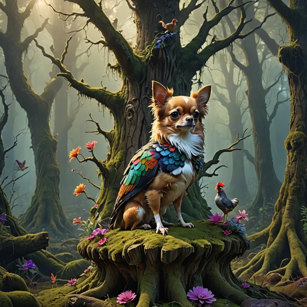 Majestic Chicken-Chihuahua Hybrid in Fantasy Forest