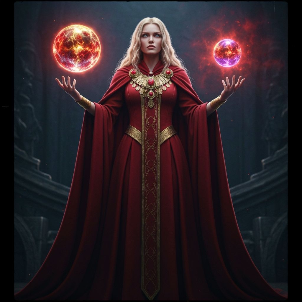 Epic Mage Levites Glowing Orb in Red Cloak