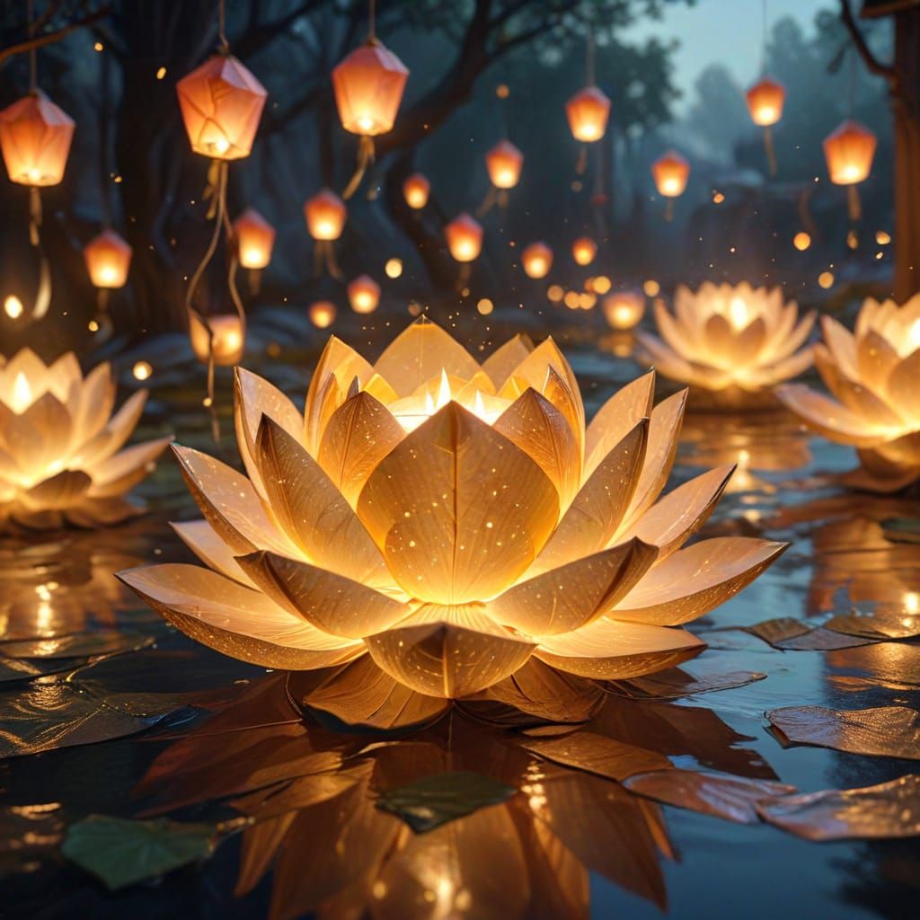 Glowing Origami Lotus Lantern in Watercolor Style