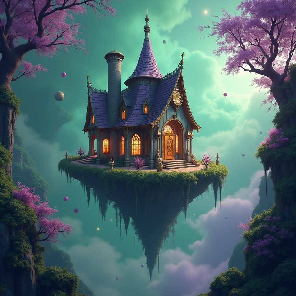 Enchanted House in Mystical Purple and Green Realm