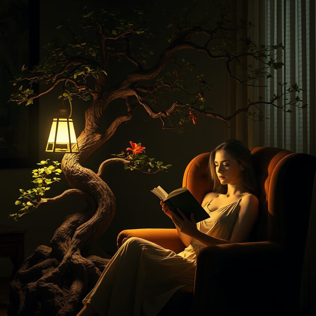 Bonsai Tree Lamp Illuminates Reader
