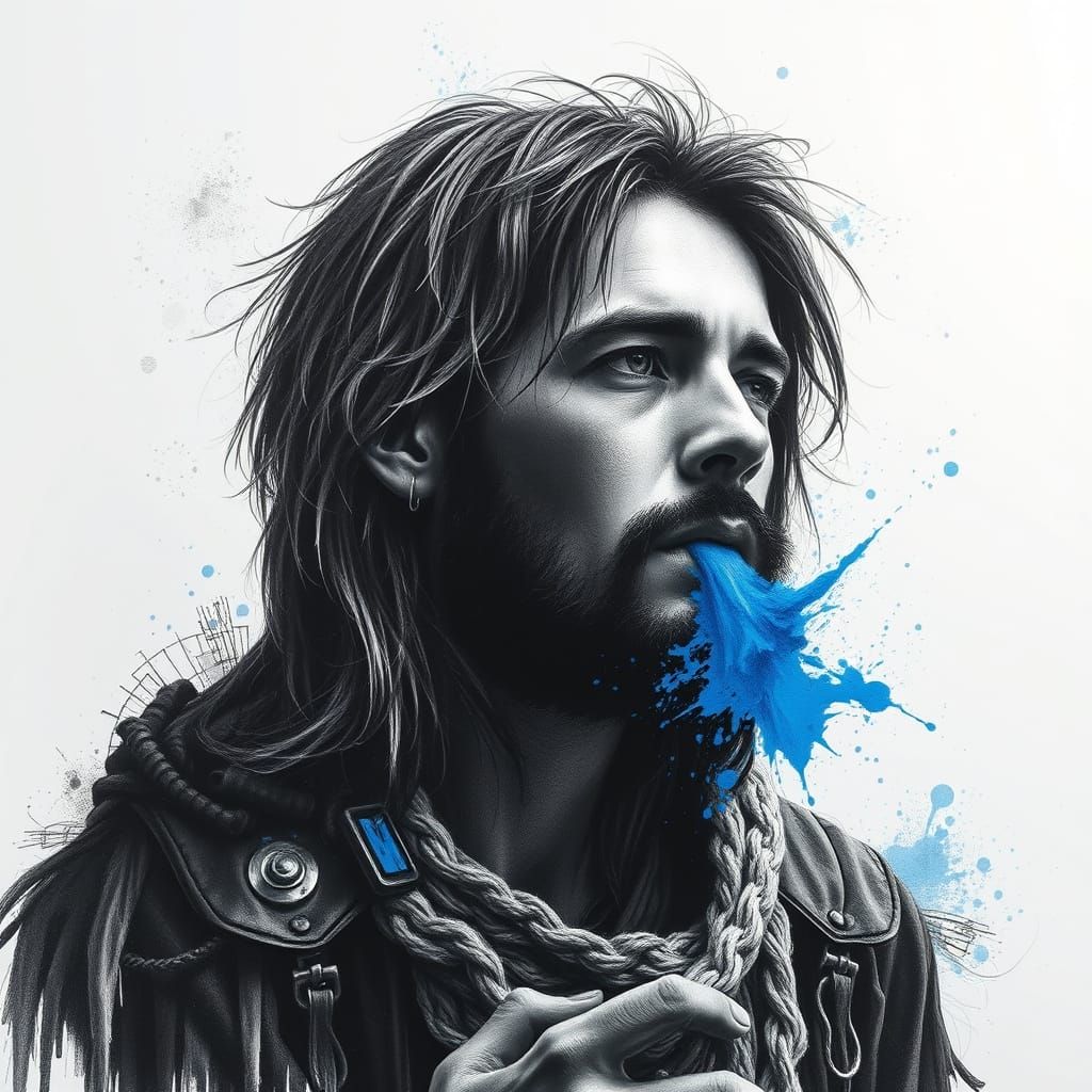 A Black and white image with  blue