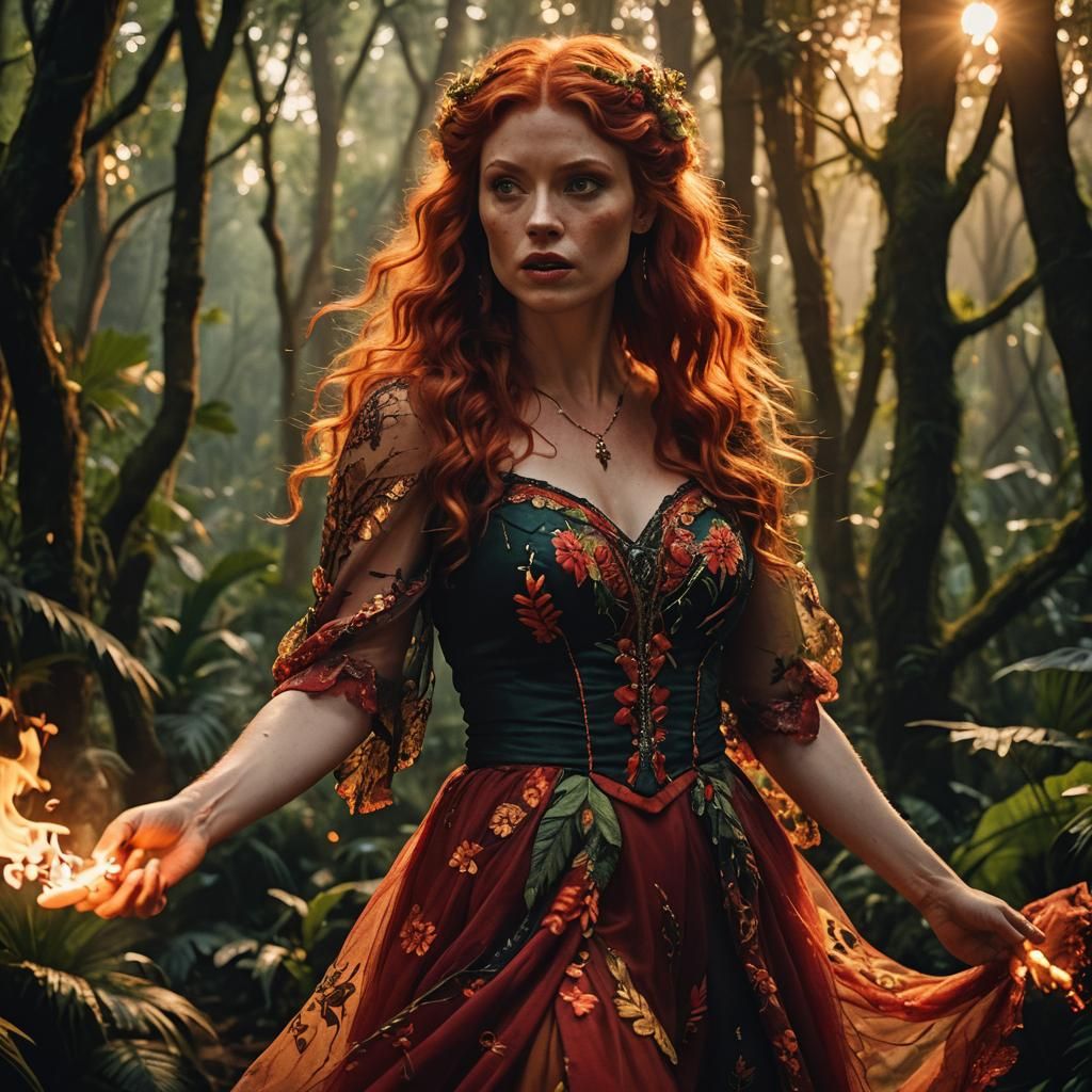 Fiery Faerie Battles Werewolf in Jungle Sunset