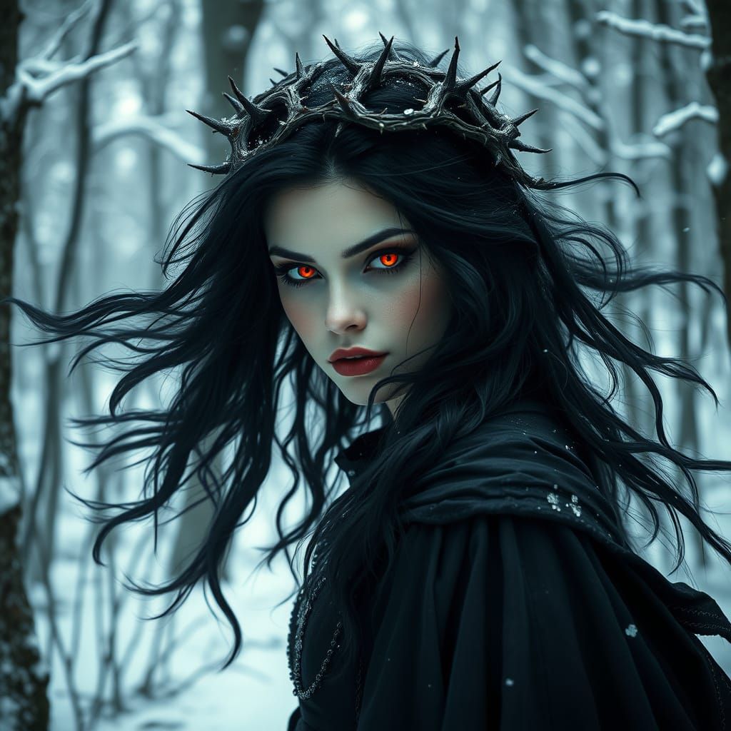 Dark Sorceress in Winter Forest, a Gothic Vision
