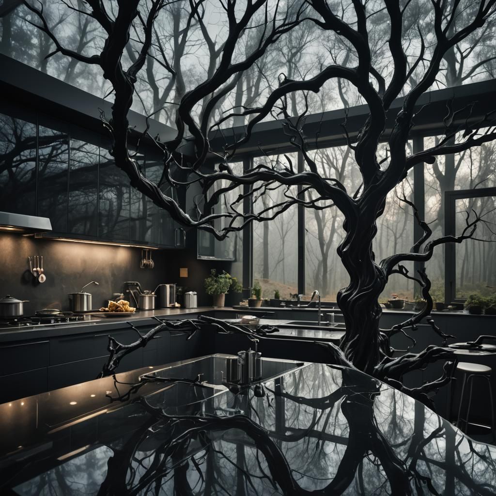 Glass Kitchen in Dark Forest: Surrealist Dreamscape