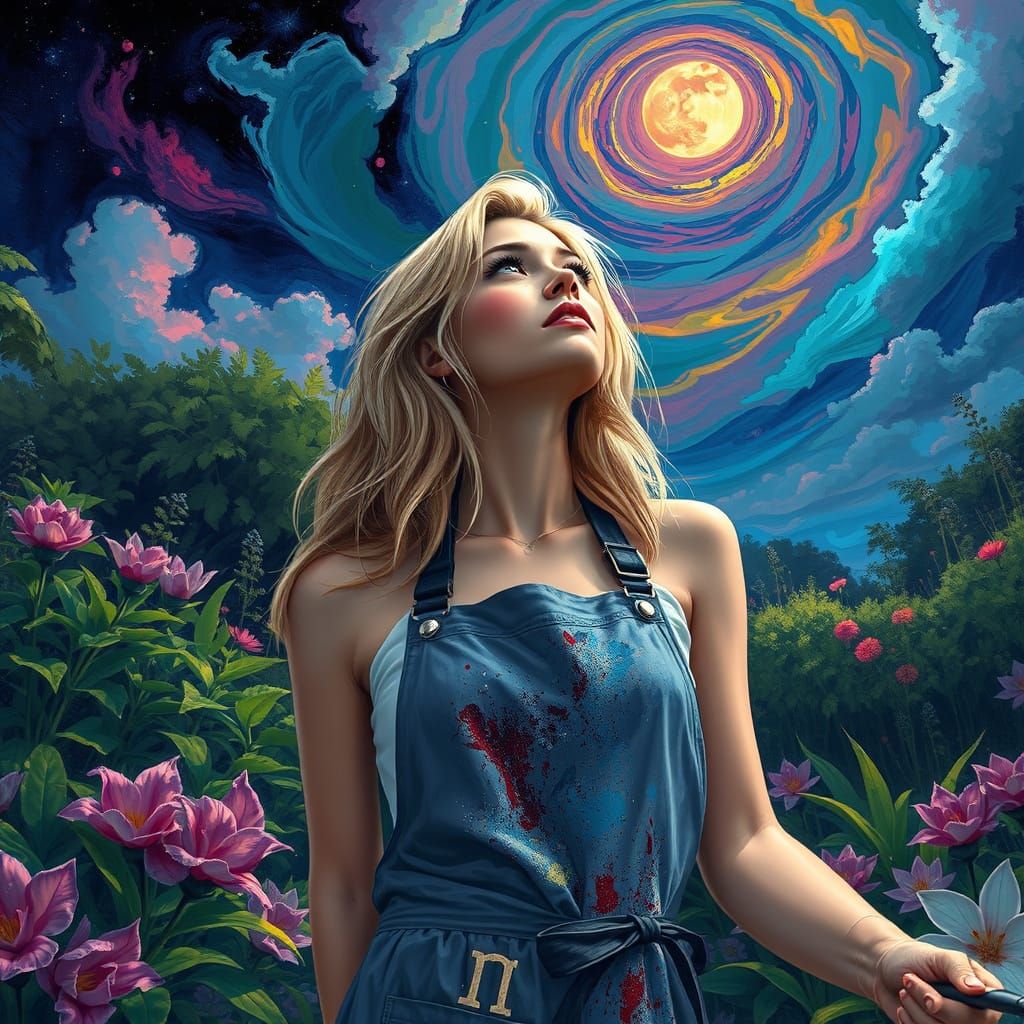 Libra Woman in Vibrant Garden, Lost in Artistic Expression, ...