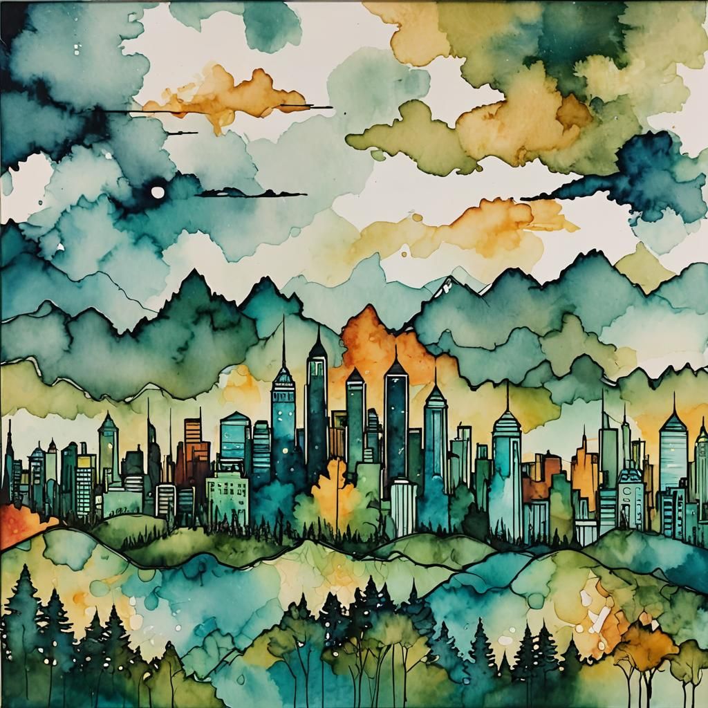 Alcohol Ink Skyline with Thin Line Detail