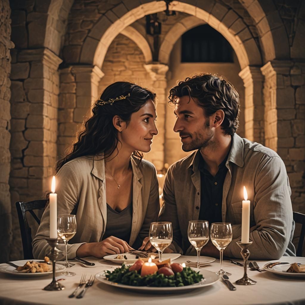 Romantic Couple's Candlelit Dinner in Romanesque Style