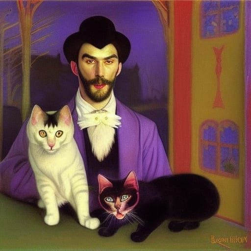 Vampire Lord with Cats: Cubist Dark Fantasy Art