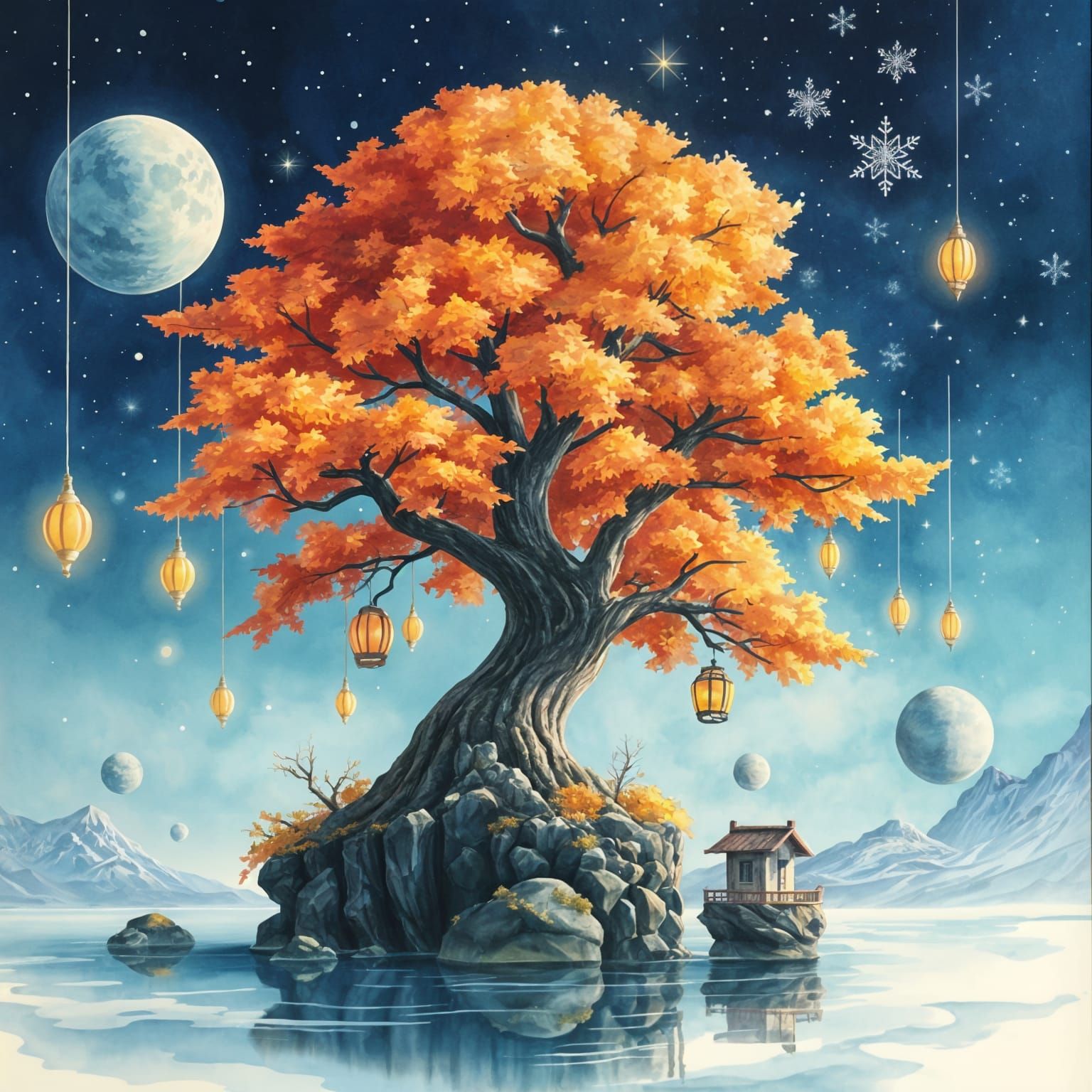 Fantasy Tree Island with Lanterns under Starry Sky