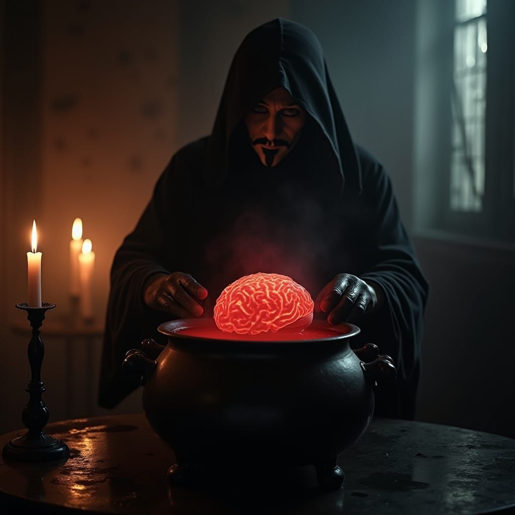 Mysterious Masked Figure Brewing Potion in Dark Room