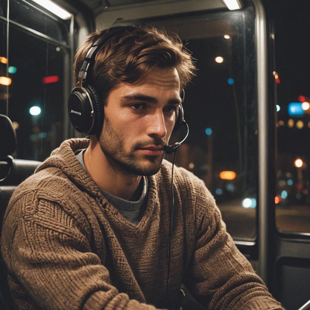 Pensive Man on Night Bus, Side View